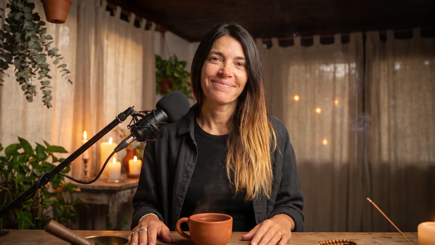 Viviana sorride al tavolo di registrazione del podcast, tra candele e piante